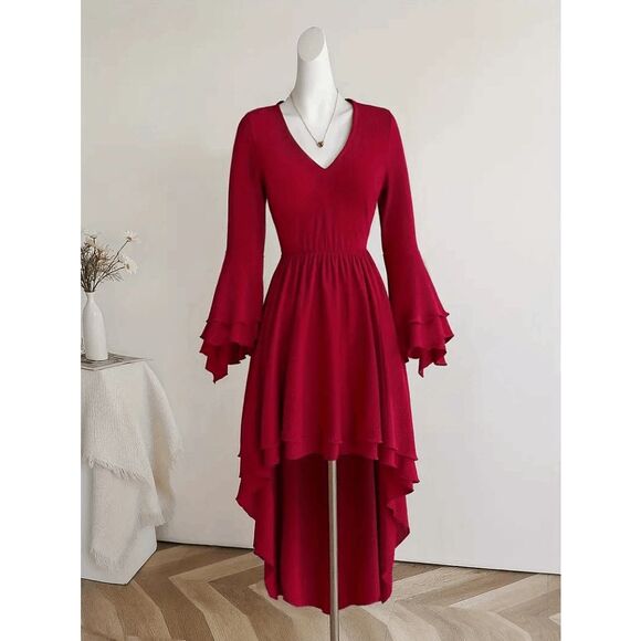 Boho Western V-Neck Double Layered Long Sleeve Ruffle Peplum Dress - Picture 2 of 5